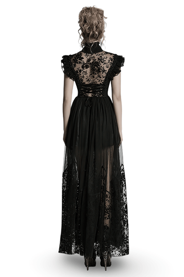 Black Gothic Lace Mesh Dress with Ruffled Sleeves